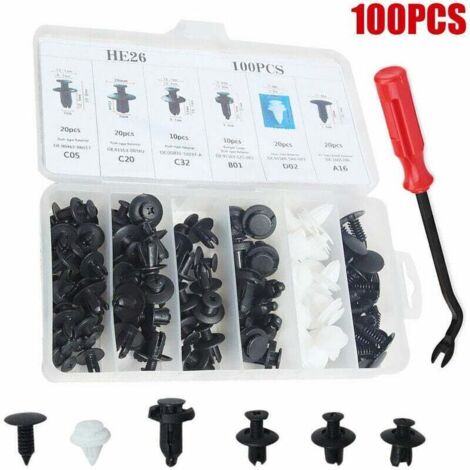 100 Pieces Clips De Retenue De Voiture Corps En Plastique Rivets Attaches Pousser Pare-Chocs Porte Garniture Panneau Vis Avec Outil De Retrait (1/5)