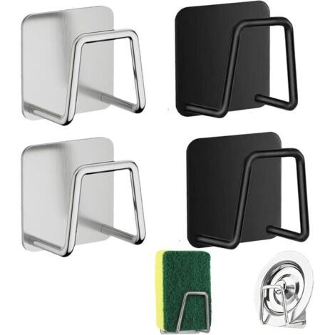 4 PCS Range Eponge Evier en Acier Inoxydable, Porte Éponge Cuisine, Auto Adhésif, Rangement Cuisine et Salle de Bain, Argenté et Noir (1/5)