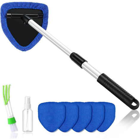 Kit Nettoyage Voiture, 6 Tampons Lavables, Nettoyage Pare Brise Intérieur, Nettoyage de Pare Brise avec Poignée Télescopique avec Poignée Pivotante à 180° (Bleu) (1/5)