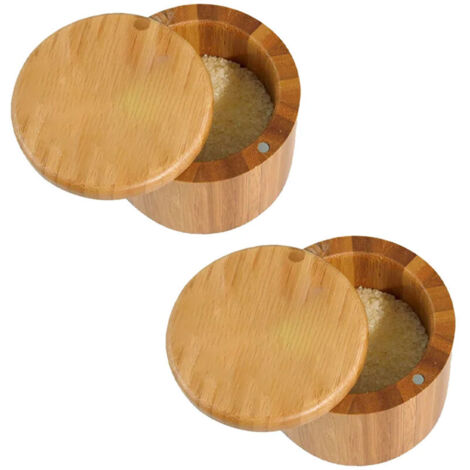 Boîte à sel en bambou, porte-sel avec couvercle, salière, bol à cumin et poivre avec couvercle pivotant magnétique (2 pièces) (1/5)