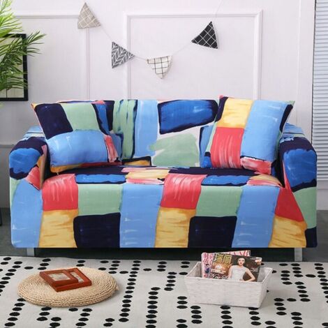 Housse de Canapé Extensible 2 Place Couverture Canapé avec Accoudoirs, Géométrie de style aquarelle, bleu[SFT85] (1/4)