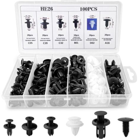 100 Pièces Clips Voiture Universel, 6 Taille Clips de Fixation Voiture Outils, Rivet Plastique, Agrafes Carrosserie pour Pare-Chocs Porte de Voiture Fender Push Kit de Remplacement (1/5)