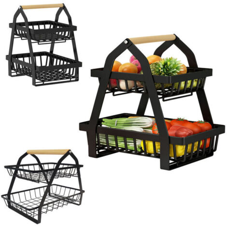 Corbeille à fruits Rack, 2 tier Fruit Etagère, Support amovible pour fruits Cuisine Corbeille de rangement pour cuisine Stockage fruits(Noir) (1/5)
