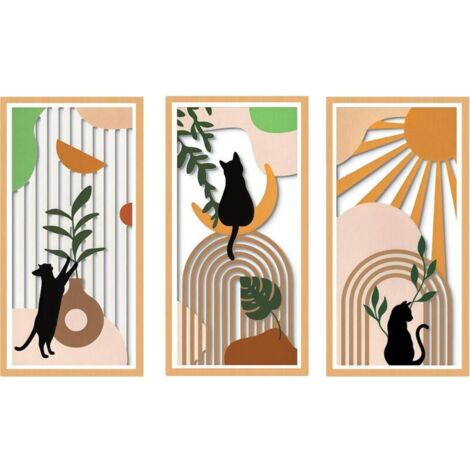Sculptures Murales en Bois, Décor Boho Chic, 3 Pièces avec Motifs Chats, Vases, Feuilles Tropicales, Soleil et Lune, Art Mural Décoratif pour Salon, Chambre, Bureau (Katze 1) (1/4)
