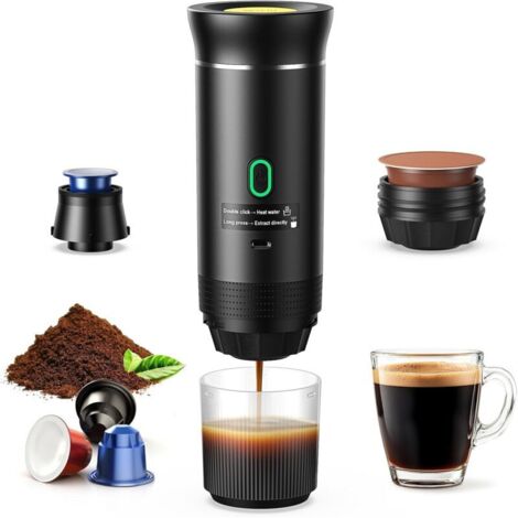 Cafetière Portable 3 en 1, Cafetiere Rechargeable Expresso Machine a Cafe compatible avec capsules Ness-preso, Dolce-Gusto et café moulu, pour Bureau, Maison, Voyage (1/5)