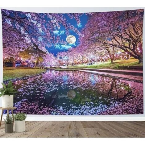 Tapisserie Murale - - Fleur Cerisier Rose - Ciel Bleu - 200x150cm - Design Contemporain (1/4)