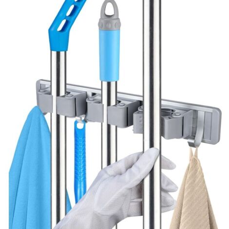Porte Balai Mural Multifonctions, Alliage d'aluminium Accroche Balai Mural Crochet Balai, Support Mural pour Cuisine, Salle de Bain, Garage et Jardin (3 Supports et 4 Crochets) (1/2)