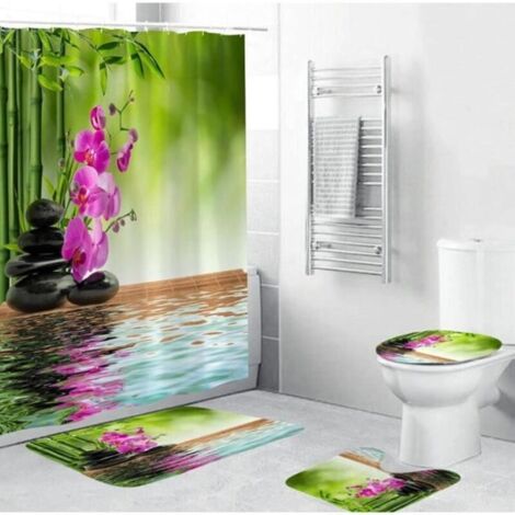 Ensemble de salle de bain en bambou - Belle - 4 pièces - Rideau de douche imperméable (1/5)