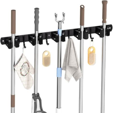 Accroche Balai Mural, 5 Support Balais Mural et 4 Crochets Noir, Porte Balai avec Percage ou Adhésif san Percage, Organisateur pour Salle de bain, Garage, Outils de Jardinage, Cuisine (1/2)