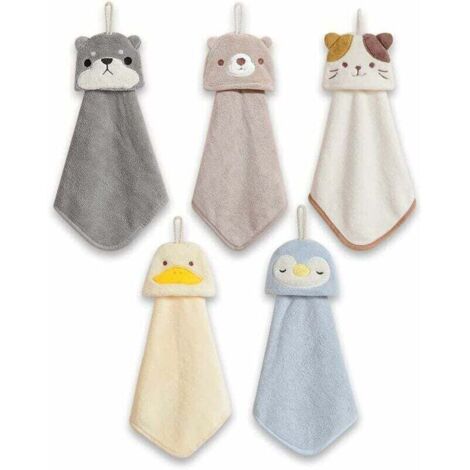 Lot de 5 essuie-mains à suspendre avec boucle de suspension absorbante en polaire corail pour salle de bain - Torchon doux et épais - Essuie-mains ronds (5 couleurs) (1/5)