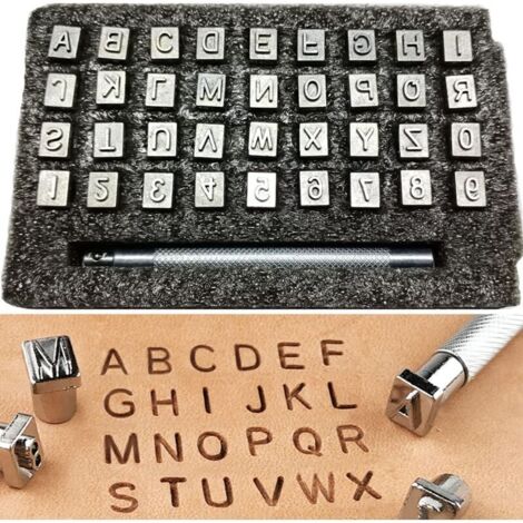 Kit d'Estampage Cuir 37 Pièces Poinçons Métal Acier Argenté (26 Lettres + 10 Chiffres) avec Poignée Ergonomique Outils Professionnels pour Maroquinerie et Artisanat DIY (1/5)