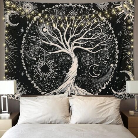 Arbre de Vie Tapisserie Lune et Soleil Noir Tenture Murale Tapisserie Psychédélique Mandala Étoilé Tapisserie Murale Hippie Mur Art Décor pour Chambre Dortoir Fête (130x150cm) (1/5)