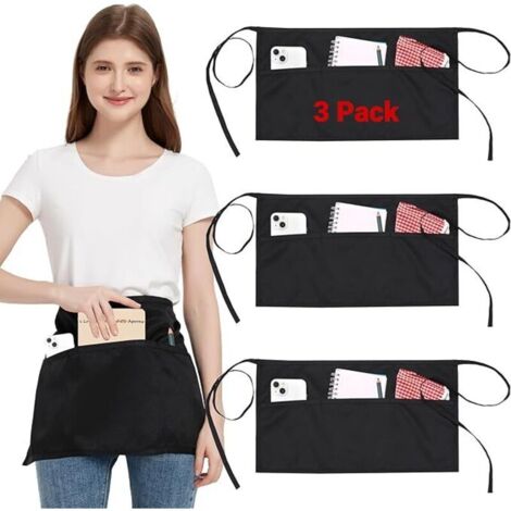 3 Pièces Tablier de Taille avec 3 Poches et Sangle Réglable, Imperméable Tabliers de Cuisine Noir pour Femme et Homme, Court Tablier Pour Serveurs Chefs Bistro Restaurant Café (1/5)
