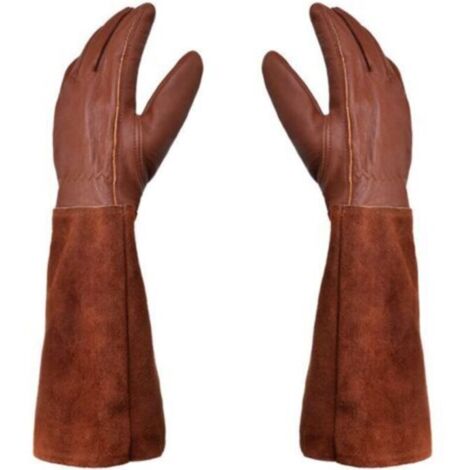 Gants de jardinage - Paire de gants de jardinage - Protection cuir - Gants longs de jardinage à épines résistants aux perforations et aux coupures et gants de soudage TIG pour apiculture - Marron - L (1/5)