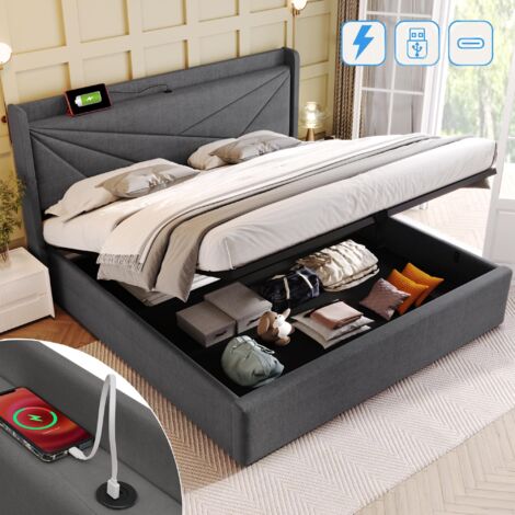 Lit coffre 180x200 cm, avec hydraulique espace de rangement, fonction de charge USB type C, sommier à lattes, tissu lin, style moderne, lit double capitonné - gris (1/5)