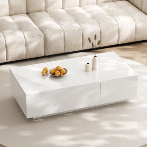 Table Basse rectangulaire 100 cm, avec 2 tiroirs, plateau extensible, espace de rangement, laquée haute brillance, style moderne - Blanc