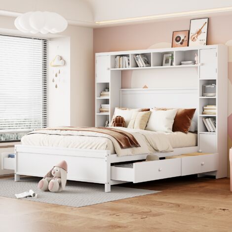 Lit double 140x200 cm en bois, avec 4 tiroirs, tête de lit de rangement, étagère, style Moderne, pour adulte, jeunes - Blanc (1/5)
