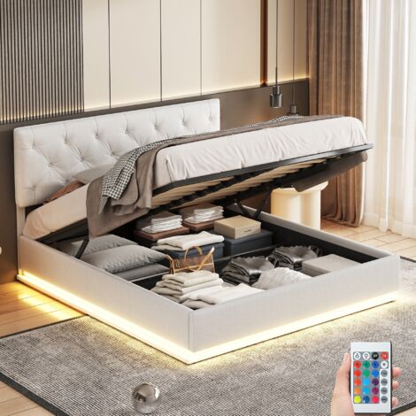 Lit coffre 160x200 cm, avec éclairage LED, hydraulique de rangement, sommier à lattes en bois, cadre en métal, lit capitonné en lin - Beige