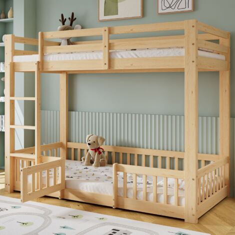Lit superposé en bois, 90x200 cm, lit enfant avec escalier à angle droit, garde-corps, porte et sécurité antichute, espace libre sous le lit - Bois couleur (1/5)