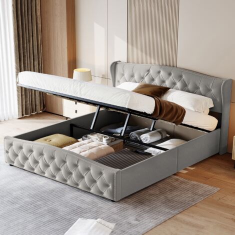Dans Les Nuages – Lit coffre 140x200 cm 2 places – Espace de rangement – Sommier à lattes en bois – Cadre métal – Tête de lit rembourrée en velours gris