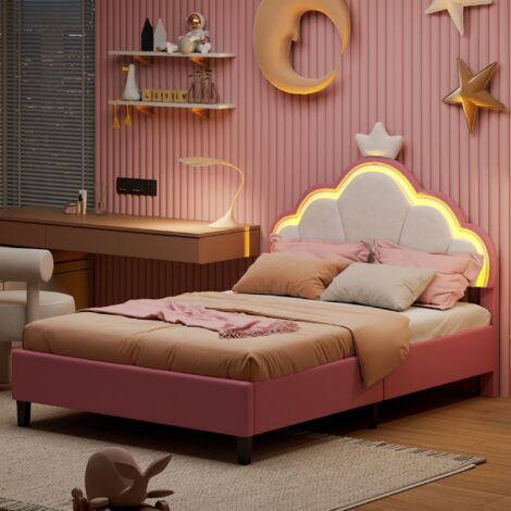 Lit simple 140x200 cm, avec LED, tête de lit de couronne réglable en hauteur, APP, sommier à lattes en bois, lit princesse capitonné en Velours - Rose (1/5)