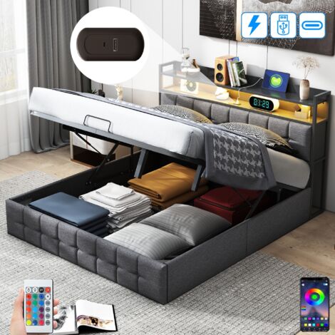 Dans Les Nuages – Lit coffre 140x200 cm 2 places avec têtes de lit LED et USB – Système hydraulique de rangement – Cadre métal et sommier à lattes en bois – Gris