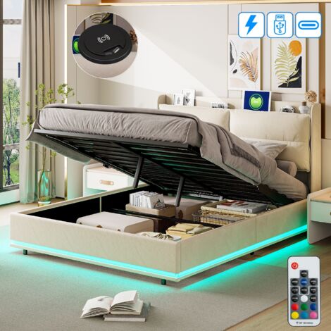 Lit coffre 140x190 cm, 2 places, avec LED, rangement, USB-A/C, sans fil charge, sommier à lattes en bois, cadre en métal, lit capitonné en velours - Beige