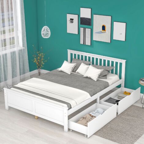 Lit double 140x200 cm, avec 2 tiroirs, sommier à lattes en bois, tête de lit avec grille verticale, lit adulte en pin - Blanc (1/5)