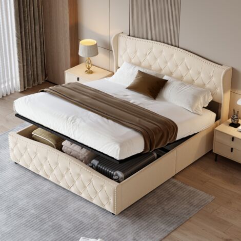 Lit coffre 160x200 cm, avec hydraulique espace de rangement, rivets et boutons décoratifs, sommier à lattes, lit double capitonné en velours - Beige