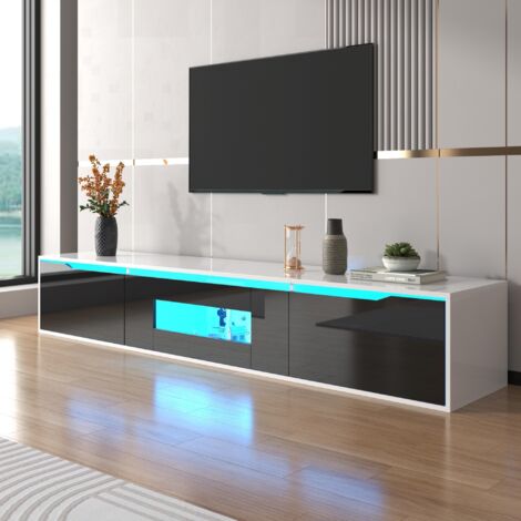 Dans Les Nuages – Meuble TV suspendu 180 cm – Éclairage LED à changement de couleur – Portes pliantes – Laqué noir – Matériaux résistants aux rayures et à l'eau