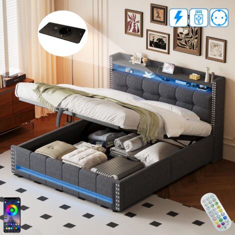 Lit coffre 160x200 cm, 2 places, avec LED, port USB, prises, têtes de lit boutons, sommier à lattes en bois, cadre en métal, Lit capitonné en lin - Gris (1/5)
