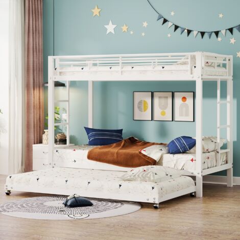 Dans Les Nuages – Lit superposé 90x190 cm/90x200 cm avec lit gigogne – Cadre en métal – 2 escaliers – 3 sommiers à lattes – Clôture de sécurité – Blanc