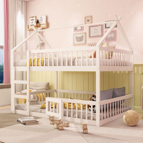 Dans Les Nuages – Lit superposé 140x200 cm en bois avec escalier et toit – Clôture de sécurité – Sommier à lattes – Blanc