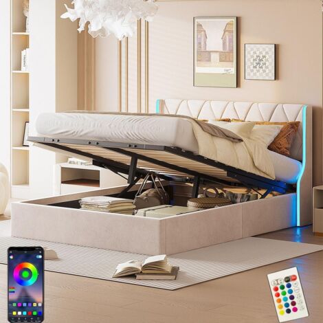 Dans Les Nuages – Lit coffre capitonné 140x190 cm – Éclairage LED – Rangement hydraulique – Sommier à lattes – Tissu velours beige – Style moderne