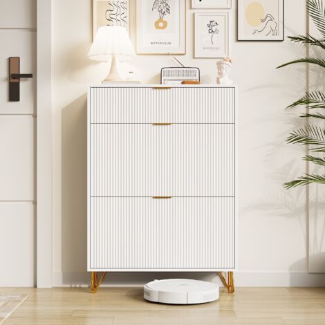 Dans Les Nuages – Meuble à chaussures 80cm avec 3 portes en bois – Rangement pour 17 paires – Poignées et pieds dorés – Blanc