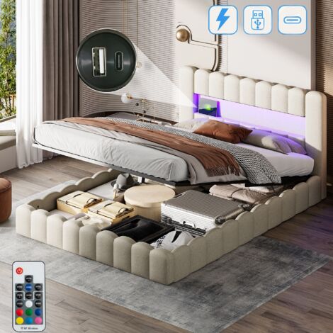 Lit coffre 140x200 cm, avec éclairages LED, hydraulique de rangement, USB-A/C charge, forme de calandre, sommier à lattes, lit double capitonné en lin - Beige (1/5)