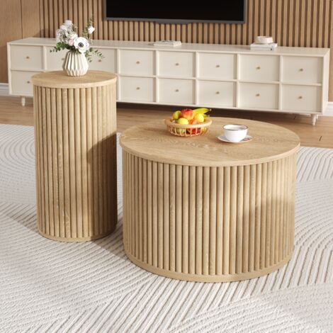 Lot de 2 table basse gigogne ronde, bout de canapé, ensemble de tables d'appoint avec lamelles en bois , style scandinave, table basse multifonction pour salon - Couleur naturel (1/5)