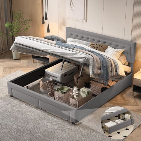 Dans Les Nuages – Lit coffre 160x200 cm – 2 tiroirs de rangement – Mécanisme de levage hydraulique – Sommier à lattes en bois – Cadre en métal – Velours gris