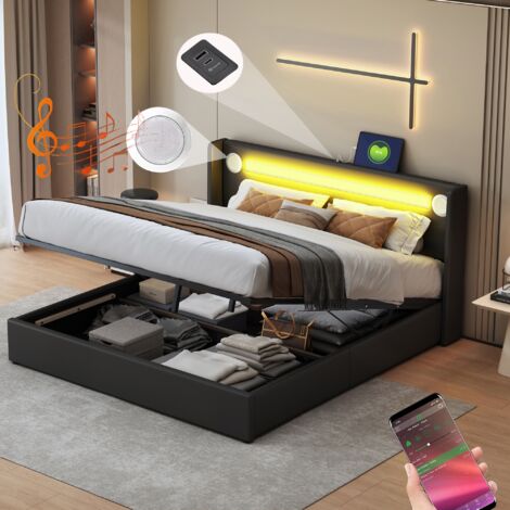 Dans Les Nuages – Lit coffre 160x200 cm – Éclairage LED personnalisable – Ports USB-A/C – Rangement hydraulique – Similicuir noir – Lecteur Bluetooth intégré
