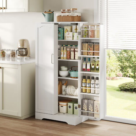 Armoire de Cuisine Multifonction 60x35x128 cm, avec Éclairage LED à Capteur, Étagères Réglables, 2 Portes avec Compartiment de Rangement, pour Cuisine, Salon et Salle, Blanc, Modèle A