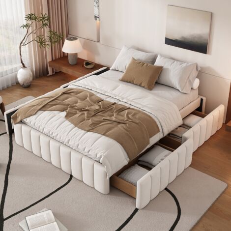 Lit 140x200 cm, avec 4 tiroirs, rayures verticales décorer, sommier à lattes en bois, cadre en métal, lit double capitonné en velours - Beige (1/5)