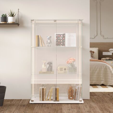 Nmonet – Vitrine en verre trempé avec 2 portes coulissantes – Serrure et poignée métallique – Éclairage LED intégré – Hauteur 123 cm – 3 étagères – Blanc