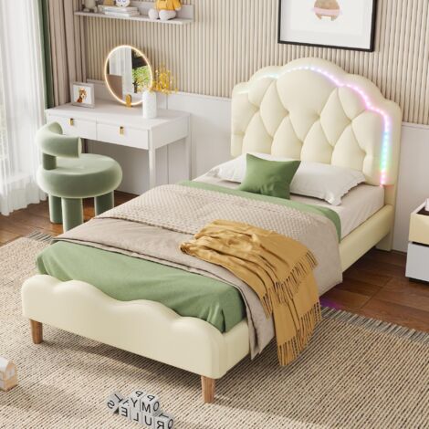 Lit simple 90x200 cm, tissu similicuir, avec éclairage LED multicolores, tête de lit en forme de vagues, sommier à lattes, lit enfant capitonné - blanc