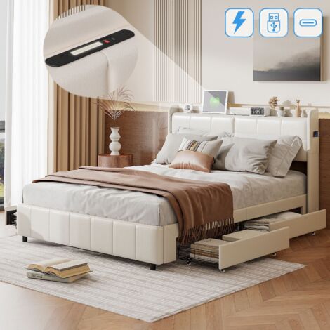 Dans Les Nuages – Lit 160x200 cm 2 places avec 4 tiroirs de rangement – Ports USB-A/C intégrés – Poches latérales – Sommier à lattes bois – Cadre métal similicuir blanc