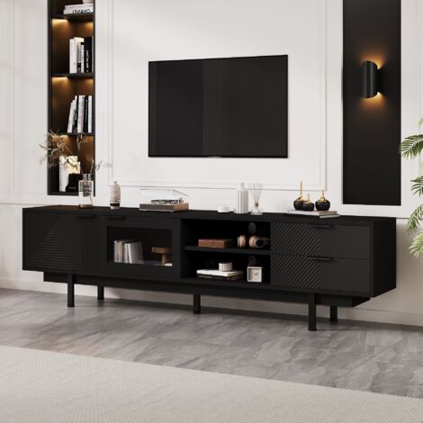 Meuble TV 200 cm style moderne avec 2 portes, 2 tiroirs et 2 étagères - Banc tele Lowboard avec grand espace de rangement pour salon - Noir (1/5)