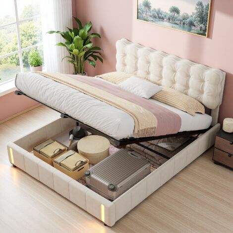 Dans Les Nuages – Lit coffre 140x200 cm avec LED induction – Espace de rangement – Sommier à lattes bois – Cadre métal – Velours beige capitonné