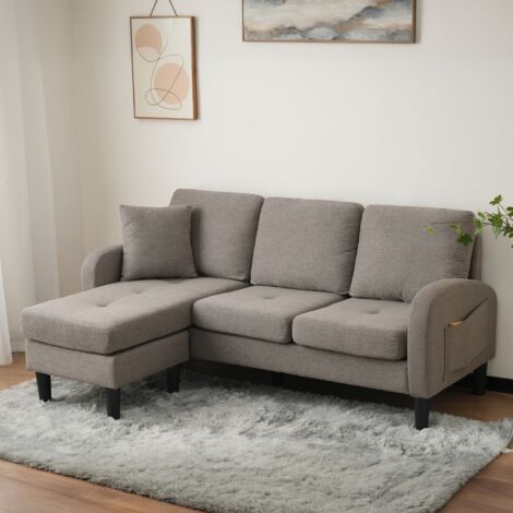 Canapé d'angle 185 cm, 3 places, en forme de L, rectangulaire, avec poches latérales, coussins, design modulair, meuble de salon respirant en coton et lin - Gris foncé
