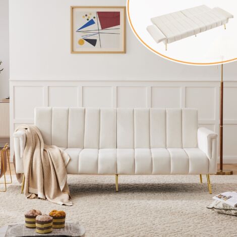 Canapé convertible 183 cm, 2 places, avec dossier et accoudoirs réglable, fonction de couchage, pieds métal dorés, meuble salon en velours - Beige (1/5)