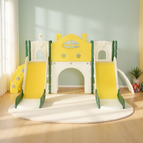 Toboggan enfants 7 en 1 - avec double toboggan, panier de basket, aire de jeux pour enfants, convient pour une utilisation intérieure et extérieure - Jaune