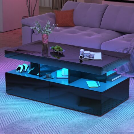 Dans Les Nuages – Table basse fixe rectangulaire 104 cm – Éclairage LED intégré – 2 tiroirs de rangement – Plateau brillant – Bois noir moderne